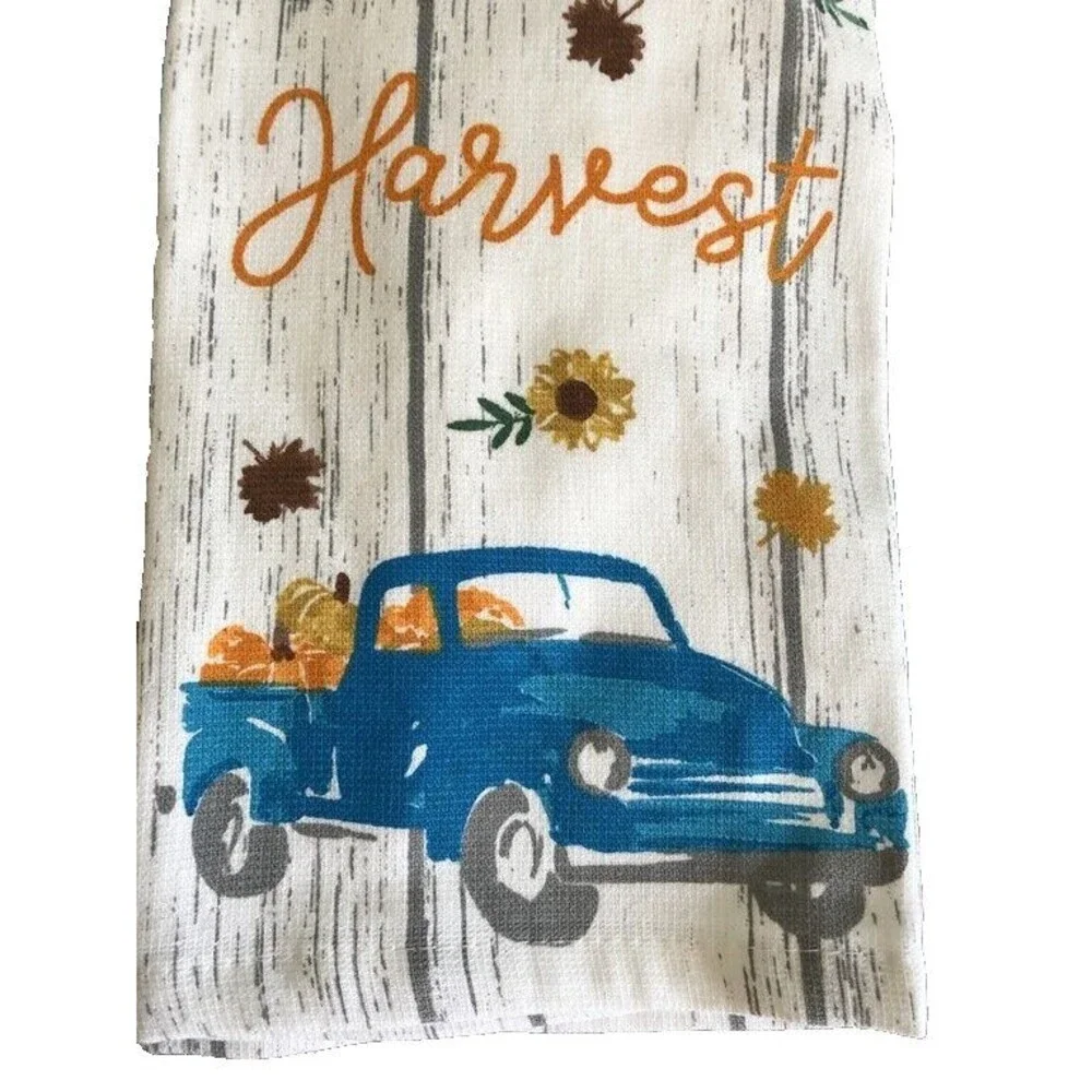 Blue Farm Truck Set of 2 Kitchen Dish Towels Pumpkins Harvest Fall Thanksgiving